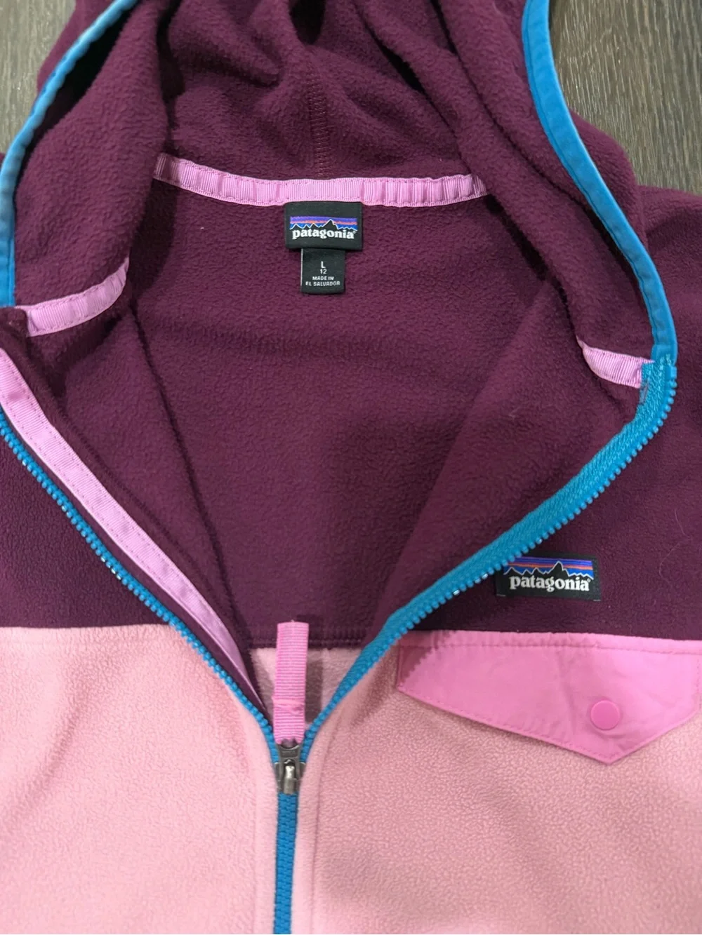 Patagonia Kids Hooded Fleece Jacket - Pink & Maroon with Blue Trim